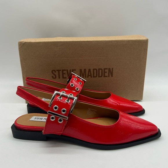 Steve Madden Smokee Red Slingback Flats | Silver Buckle Detail Sz 6.5 Vegan NWB - Picture 11 of 11